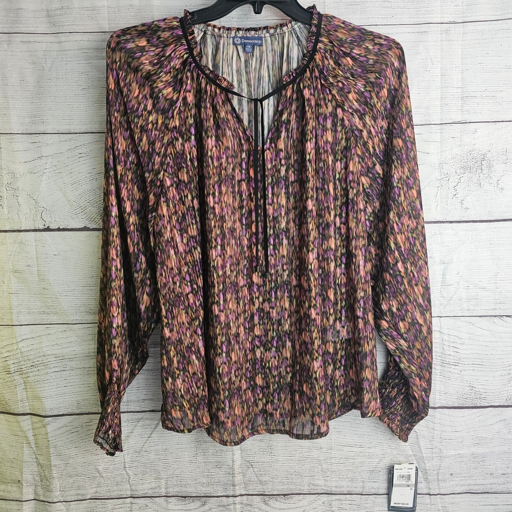 Democracy Ruffle Collar Tie V-Neck Smocked Ruffle Sleeve Sheer Floral Shirt 1346